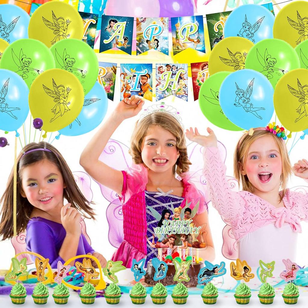 Bell Birthday Party Decorations, Fairy Themed Party Suppliers with Happy Birthday Banner, Cake Cupcake toppers, Latex Balloons Hanging Swrils