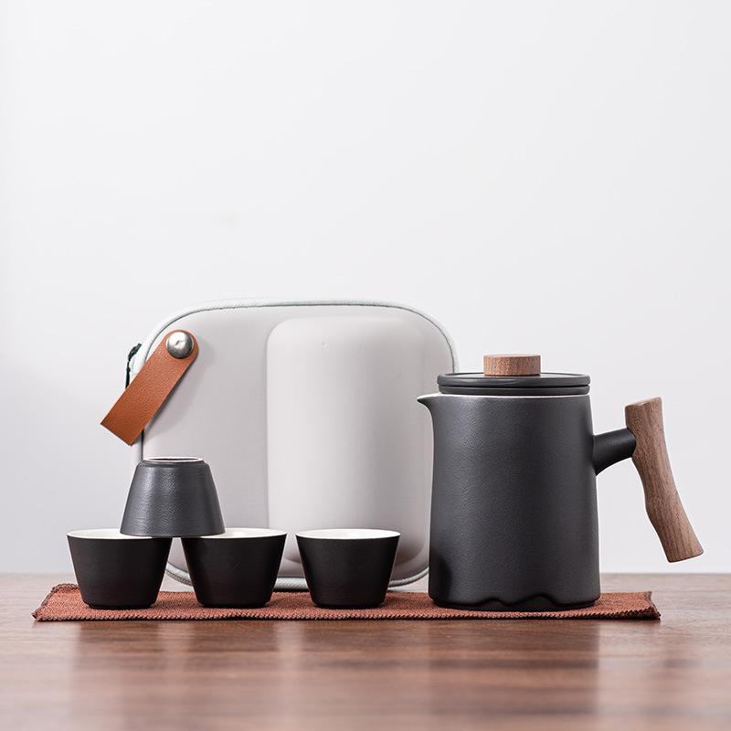 Travel Tea Set Kuaike Cup One Pot Four Cups Teapot Guochao Portable Outdoor High-end Ceramic Wooden Handle