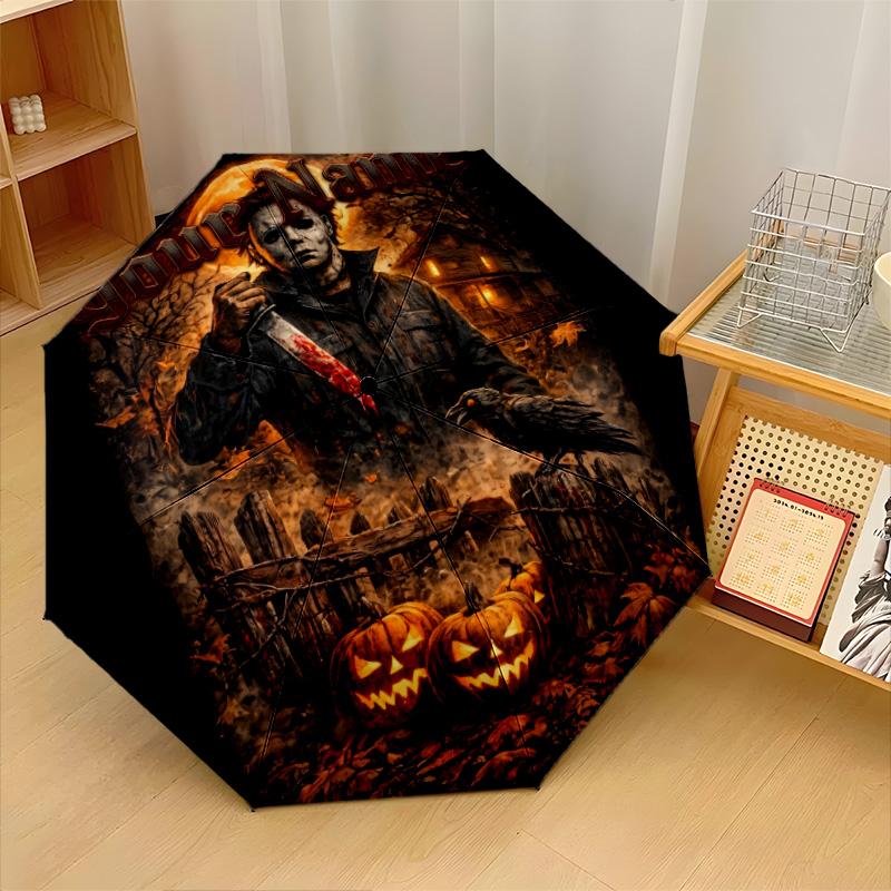 Custom Text Automatic 8 Bone Umbrella, Portable Sun Rain Protection UmbrellaHalloween Michael Myers
