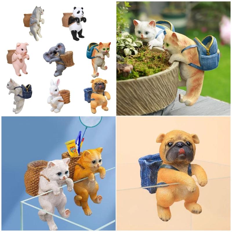Resin Animal Statue Aquarium Accessories Fish Tanks Decorations Home Decors Hanging Cats Figurines with Storage Basket