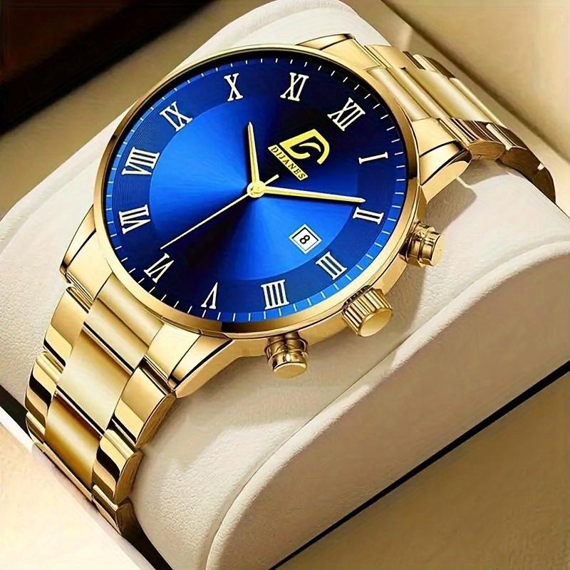 Men's 4-Piece Fashion Watch Set with Quartz Movement: Alloy Case, Stainless Steel Strap, Date Feature, Includes Watch, Bracelet, Cross Necklace, Ring