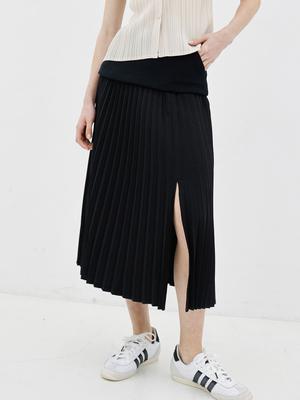 Waiowai Knit Waist Slit Pleated Skirt_Black