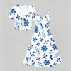 Women Plus Size Two Piece Dress Set Floral Printed V Neck Short Sleeve Tie Front Shrug Strappy Flared Dress White Blue
