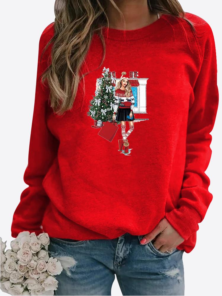 Autumn and Winter Women's Christmas Theme Printing Sweater Round Neck Long Sleeve Casual Sweatshirt Plus Size Top