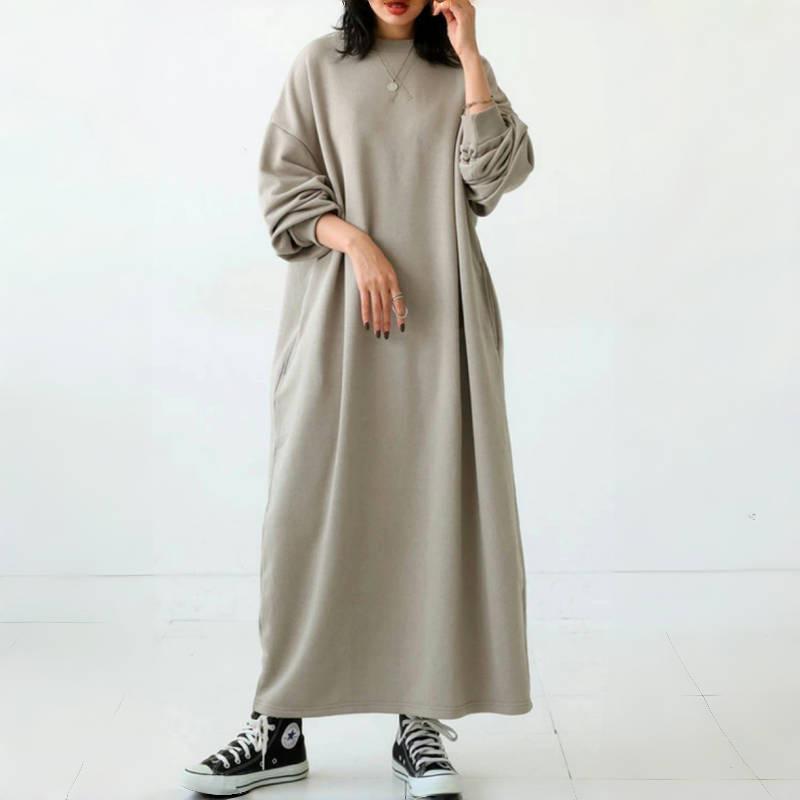 

Women s Elegant Loose-Fit Sweatshirt Dress - Slimming, Belly-Covering Over-the-Knee Dress with Round Neck for Spring/Autumn 2025. One Size
