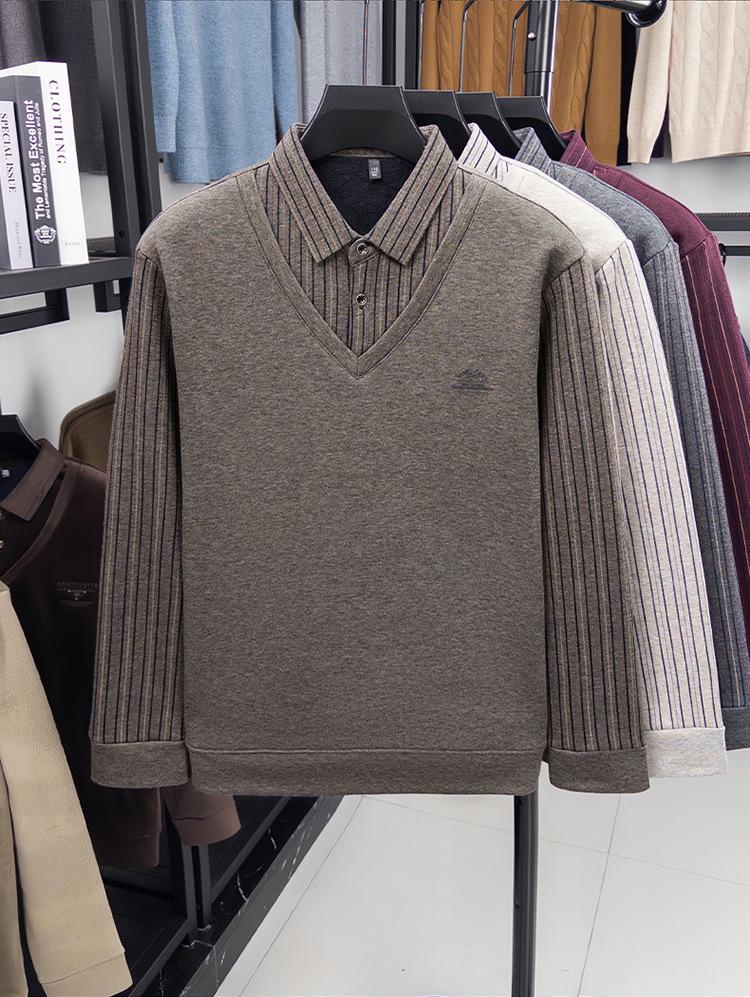 Men's Winter Striped Knitted Sweater - Faux Two-Piece with Turn-Down Collar, Fleece Lined