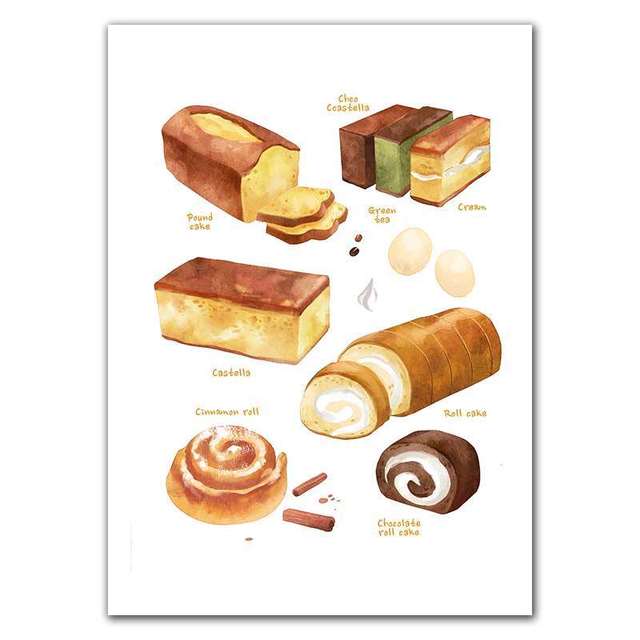 Breakfast Food Posters and  Prints Cake Bread Puff Tea Dessert Wall Art HD Pictures Canvas Painting for Coffee Shop Bakery Decor