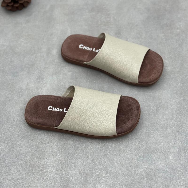 Johnature Genuine Leather Peep Toe Flat Slippers Simple Comfortable Soft Soled Cowhide Women's Slides