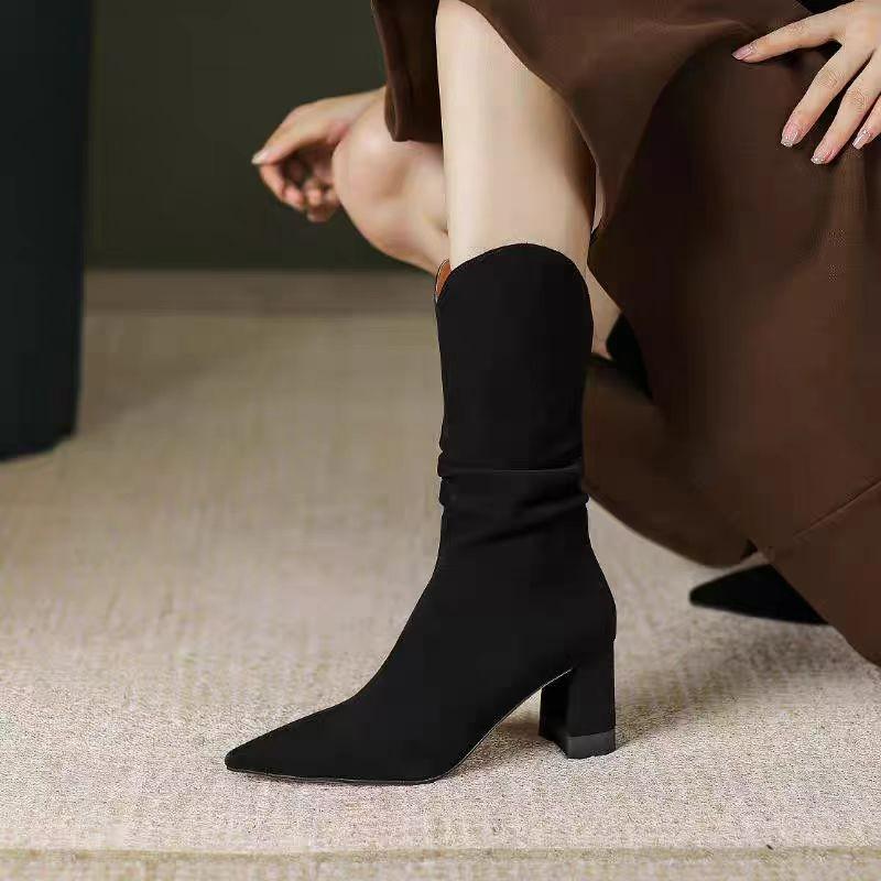 Fashion 2024 Autumn/Winter New French Style Suede Elastic Skinny Boots Not Over Knee Knight Middle Heel Thick Heel Women's Boots