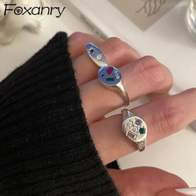 FOXANRY Novos anéis vintage elegantes e modernos para mulheres e meninas, joias geométricas simples e coloridas de zircônia para festa, presentes