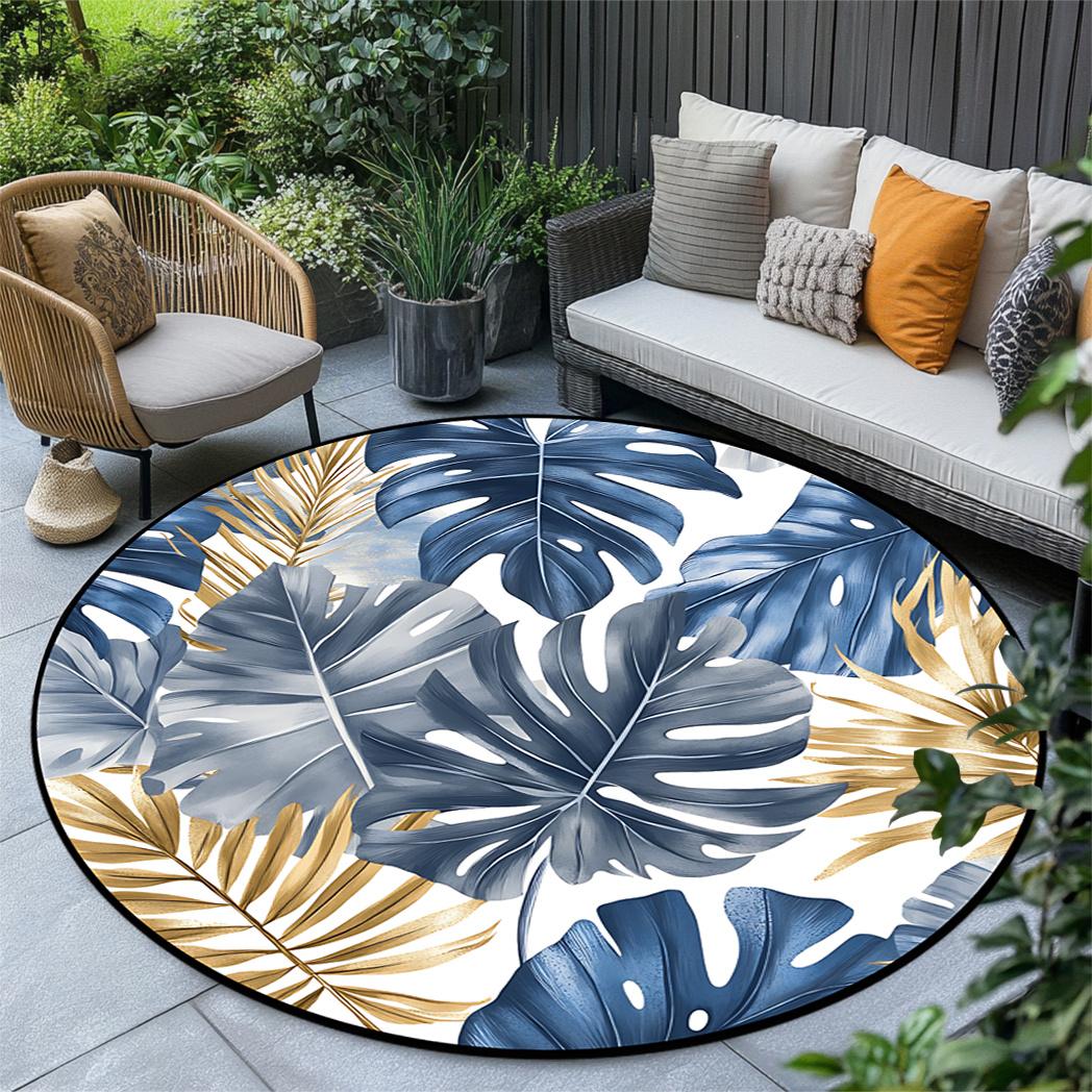 

1pc HKStorage Tropical Leaves Pattern Round Area Mat - Washable, Non-slip, Perfect for Living Room/Bedroom/Patio/Garden 100x100cm