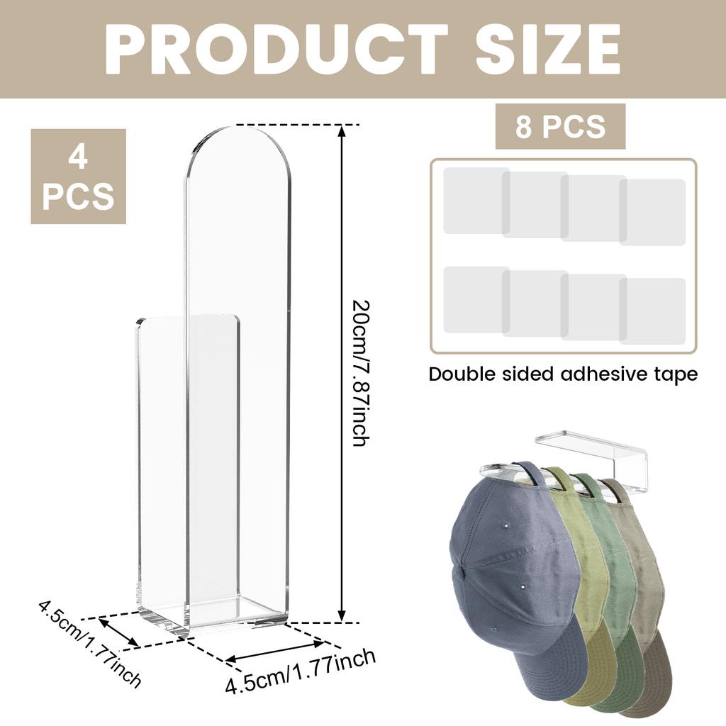 4Pcs Acrylic Baseball Caps Rack Self-Adhesive Wall Mounted Hat Hook Organizer J-Shaped Hat Storage Holder Closet Hanger