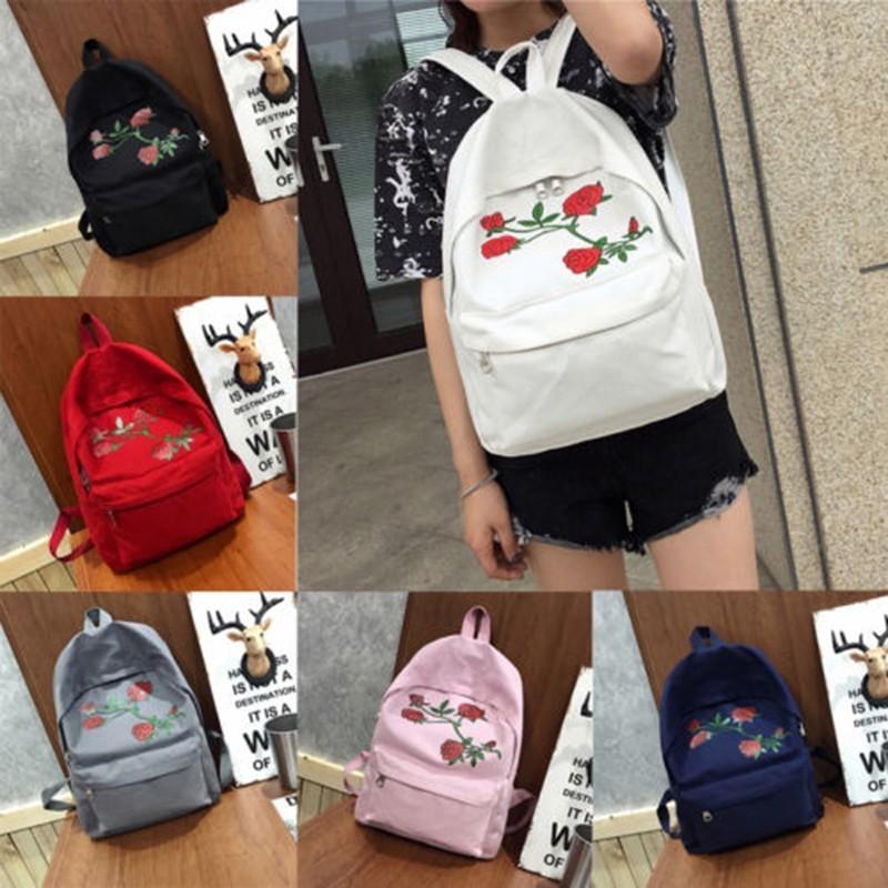 Rose Pattern Women Ladies Canvas Shoulder School Bag Girls Backpack Satchel