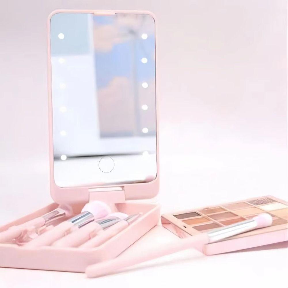 Adjustable Brightness LED Makeup Mirror Brush Set Mini Cosmetic Brushes Pocket Mirror  Travel Use