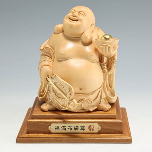 High-quality wooden carved Buddhist statue of Hotei made from cypress wood (15cm high x 11cm wide) - a good luck charm