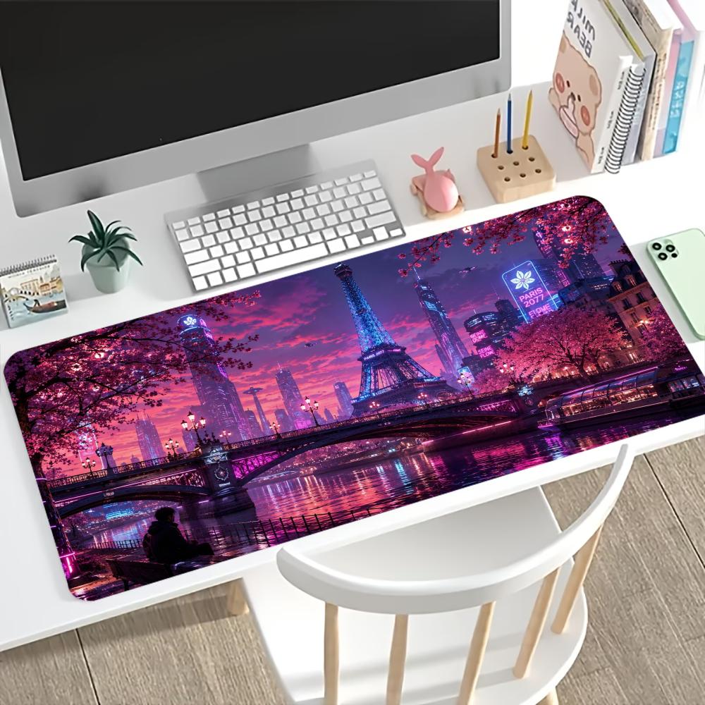 Large Gaming Mousepad Eiffel Tower Cherry Blossom Hd Print NonSlip Rubber Lock Edge Desk Mat For Pc Laptop Office Desktop Decor