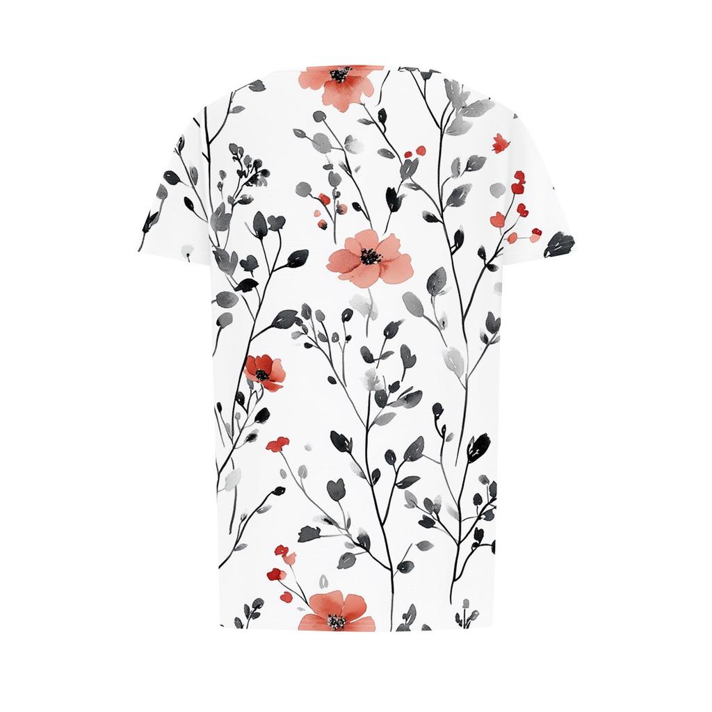 Women's Fashionable Casual Pleated Round Neck Striped Flower Printed Short Sleeved T Shirt Top