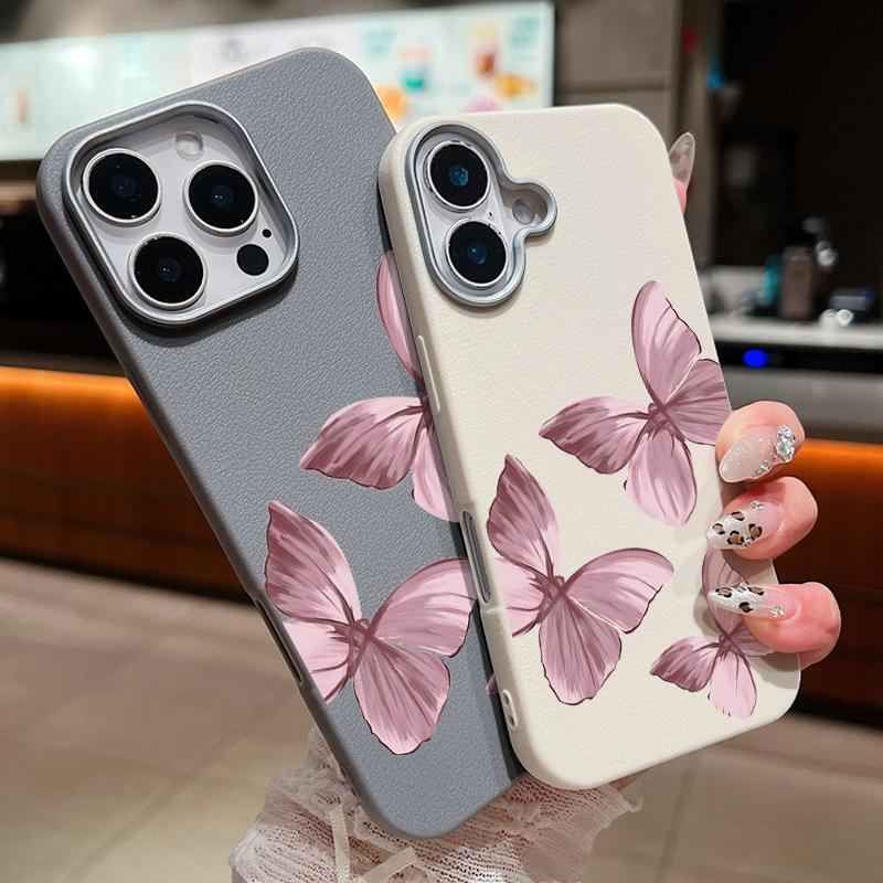 Pink Butterfly Pattern Leather Texture Slim Soft Phone Case For iPhone 16 Pro Max 15 14 Pro 13 12 11 TPU Matte Lens Protection Shockproof Bumper Cover