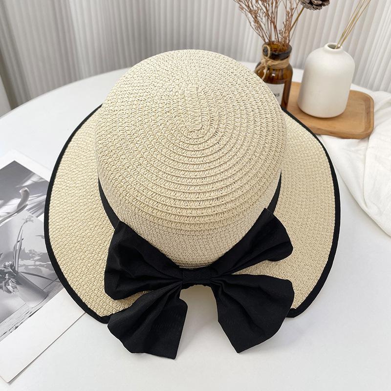 Straw hat women's new bow big eaves fisherman sunscreen hat summer outdoor beach vacation sun hat
