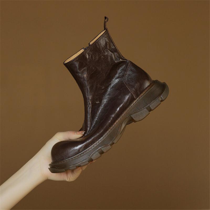 Fashion New Autumn Winter Genuine Leather Women Boots Fashion Chelsea Boots for Women Round Toe Short Boots Platform Shoes Botines Mujer