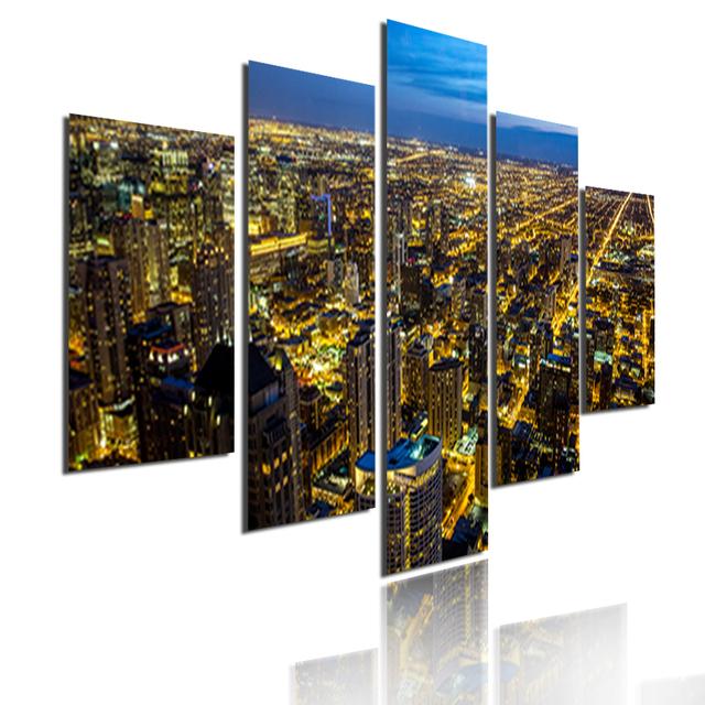 5 Pieces Modular Picture Bustling Cityscape Poster HD Printed Wall Art Modern Metropolis Skyscrapers Canvas Painting Home Decor