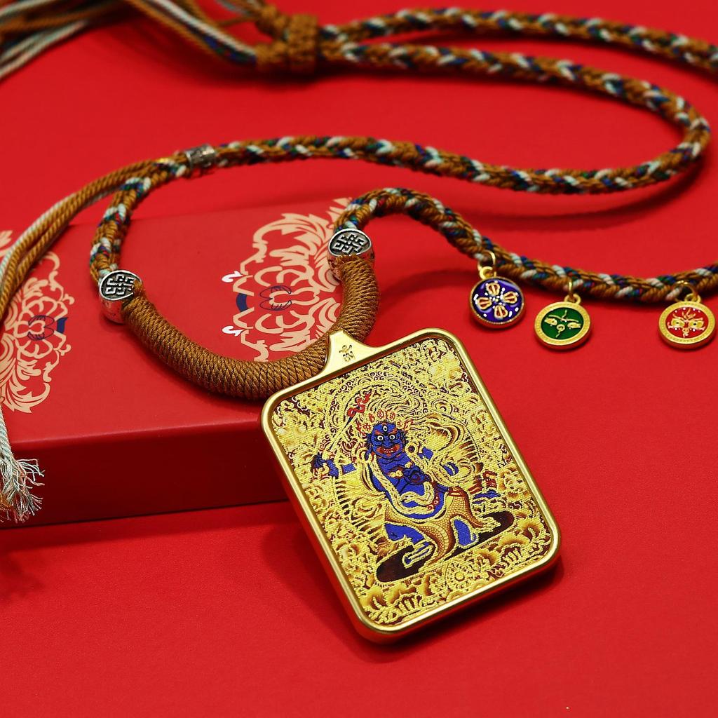 Tibetan Zodiac Eight Protectors Thangka Gold-Inlaid Square Pendant Necklace