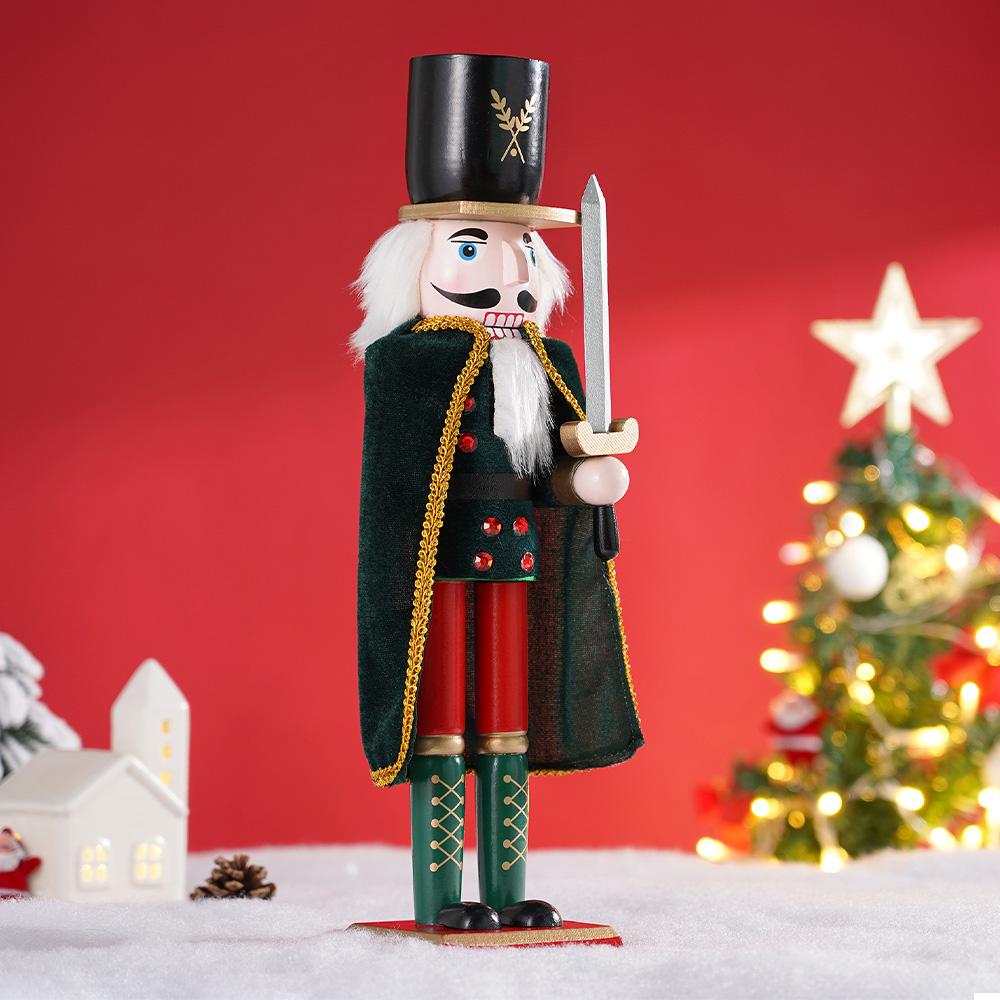 38CM Nutcracker Puppet Solider Merry Christmas Decoration Cloak King Wooden Doll Walnut Handcraft Figurine Home Office Decor