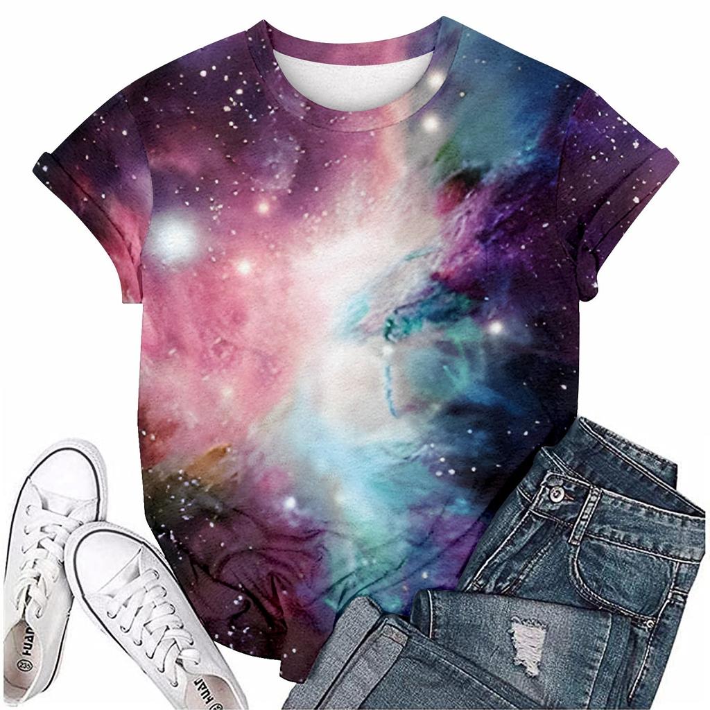 Women's Casual Loose Printed T-shirt Round Neck Pullover Short Sleeved Top