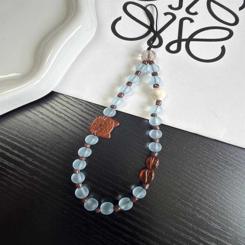 Sea Salt Milk Coffee Kitten Cookies Phone Lanyard DIY Wrist Chain Keychain Pendant - Blue & Brown Color Blocking for Autumn/Winter Sea Salt Milk Coffee Kitten Lanyard