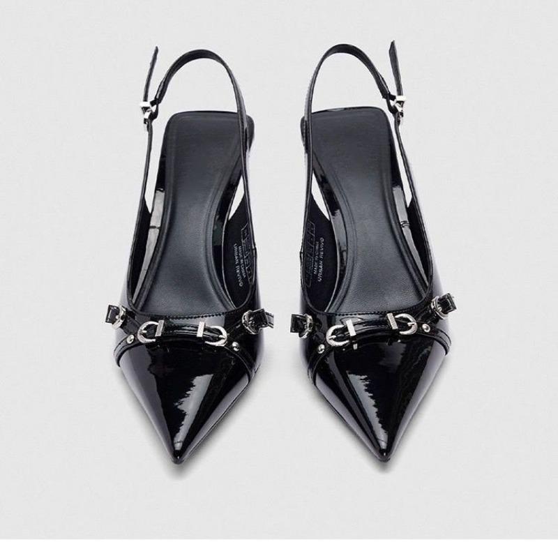 Fashion Temperament Thousand Gold 2025 New Pointed Toe Black High Heels Women's Stiletto Design Niche Patent Leather Strap Sandals