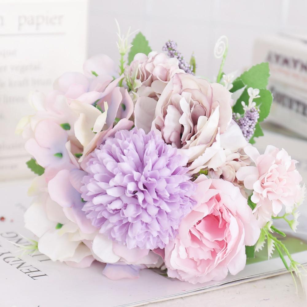 Artificial Flowers Silk Peony Hydrangea For Living Room Home Decoration Wedding Bride Bouquet Rose Fake Plants Table Accessories