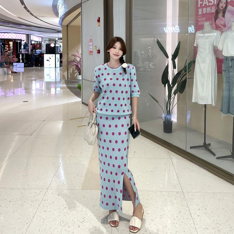 Korean Chic Summer Vintage Temperament Round Neck Polka Dot Short-sleeved Knitted Sweater + High Waist Hip Skirt Two-piece Set