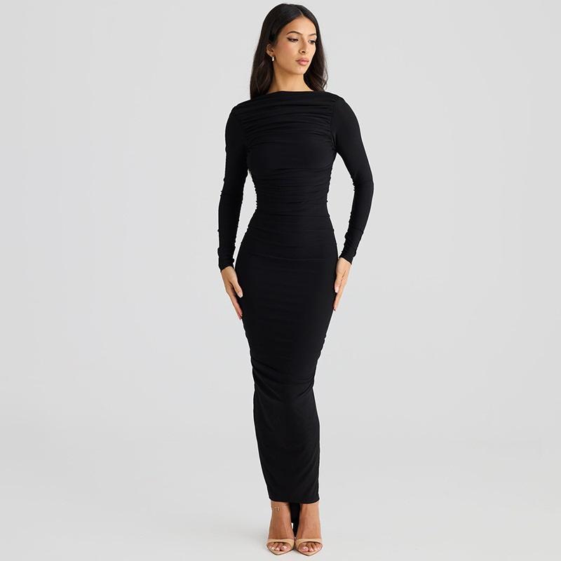 Vestido Tooxika de primavera y otoño para mujer, sexy, sin espalda, plisado, ajustado, con cuello redondo y manga larga