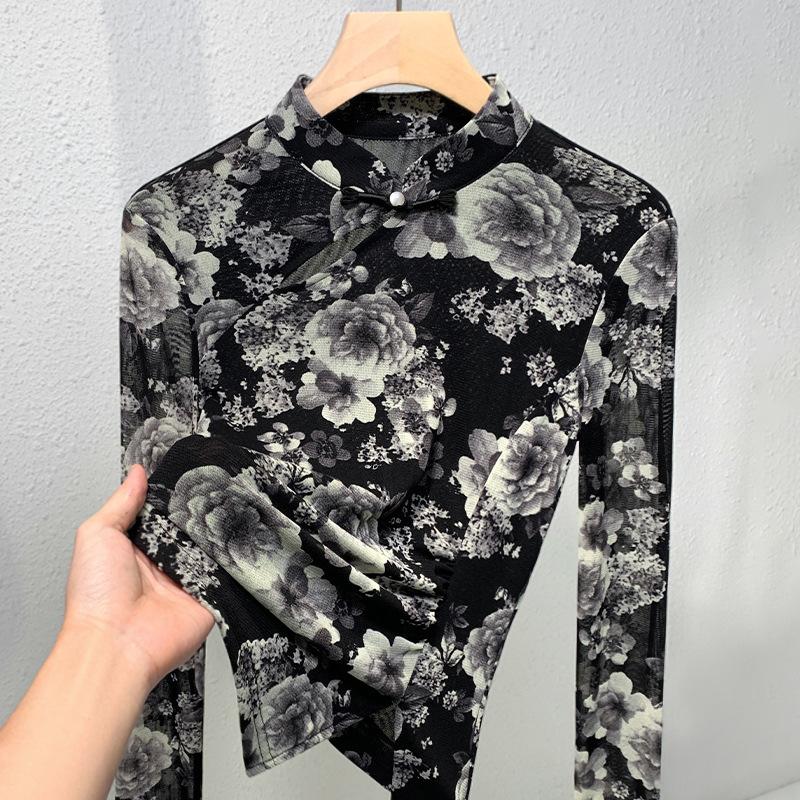 

Черная футболка с длинными рукавами и принтом, новинка осени, новая женская одежда, новый китайский топ с воротником-стойкой на пуговицах L чёрный