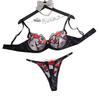 European & American Sexy Lingerie Set: Hot Red Lip Embroidered Mesh Satin Push-Up Bra with See-Through Panties