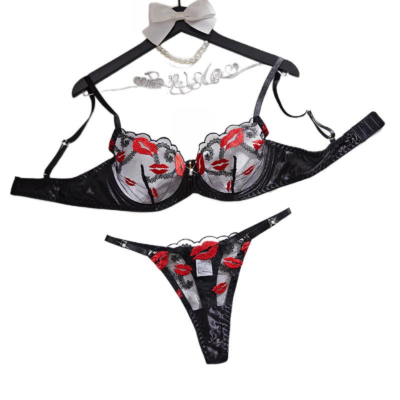 European & American Sexy Lingerie Set: Hot Red Lip Embroidered Mesh Satin Push-Up Bra with See-Through Panties