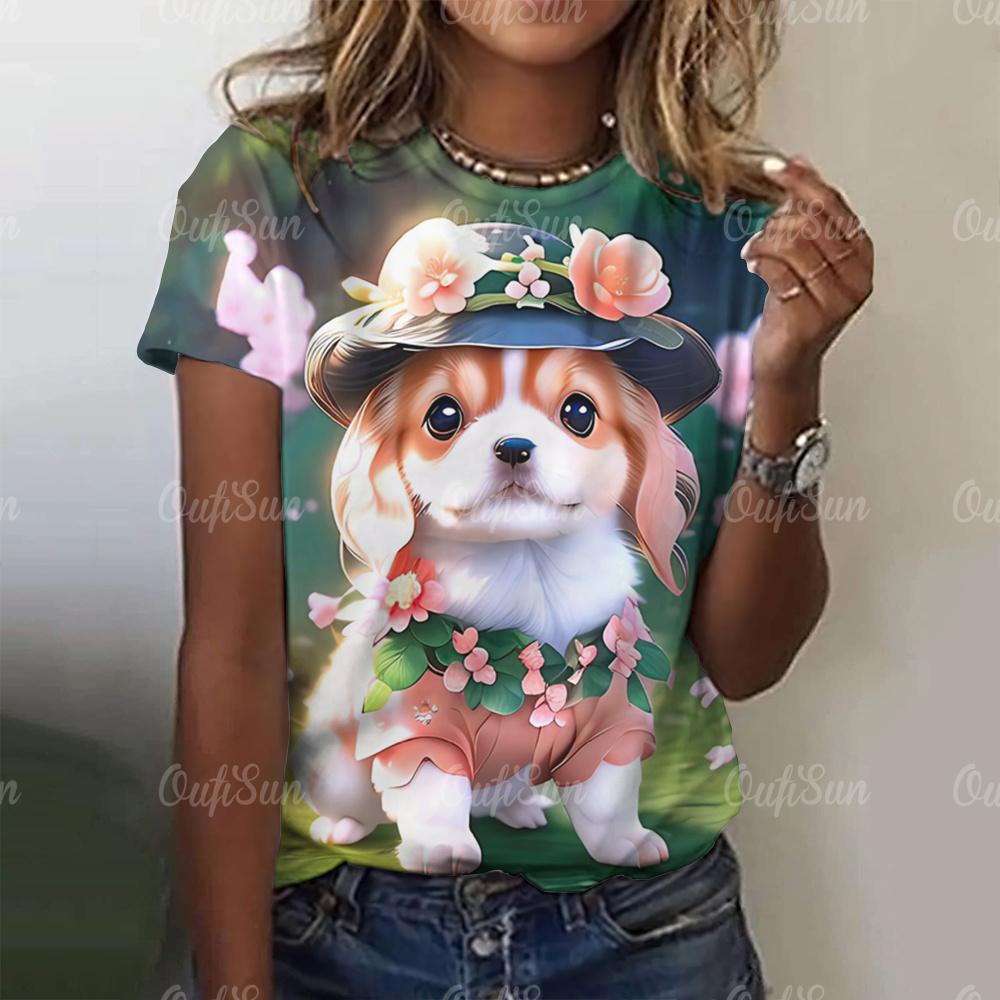 Kawaii Puppy Print Damen T-Shirt Harajuku Kleidung für Damen Casual Style Kurzarm T-Shirts Rundhals Hundert Streetwear Tops