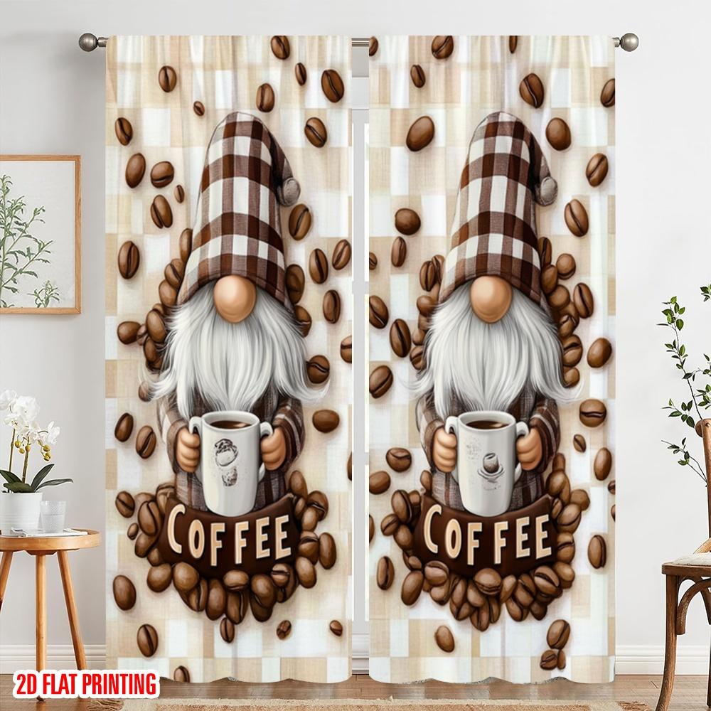 2pcs,2D plane printing Curtains Coffee Gnomes Durable Polyester (without rod) Room Decor Use for Living Room, Office, Kitchen,