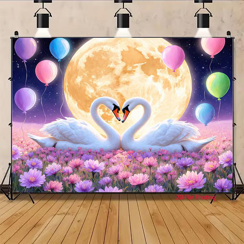 2D Heart Swan Full Moon Backdrop for Wedding & Birthday Photography