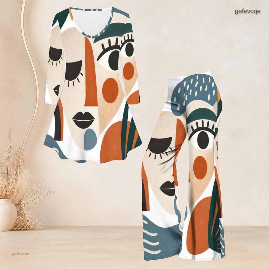 Women Plus Size V Neck Three Quarter Sleeve Printed Flared Top And Flared Pants Two Piece Set