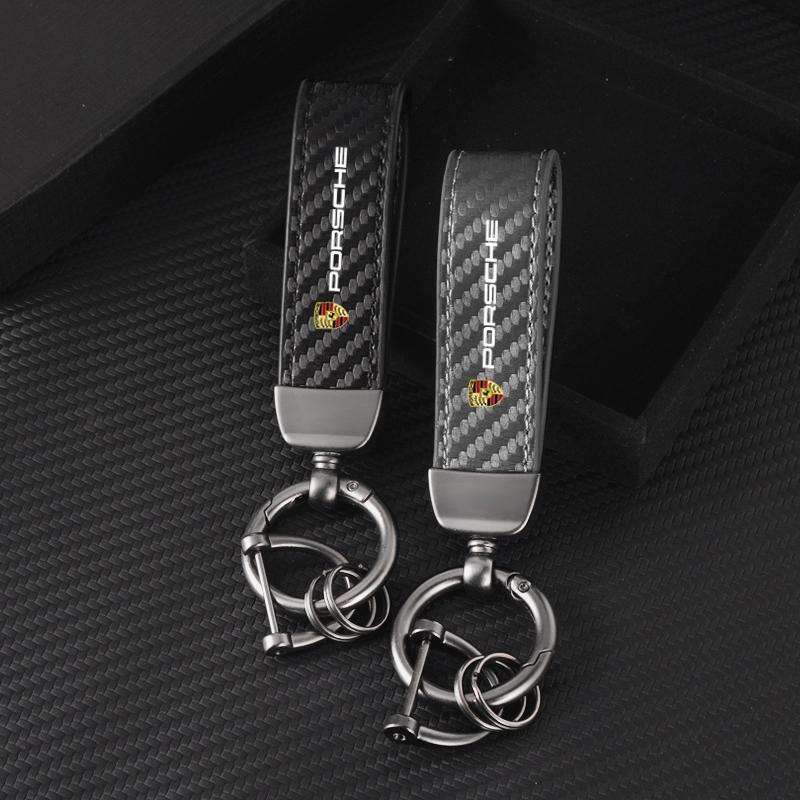Car Carbon fiber Leather Keychain 3D Emblem Key Ring For Porsche Panamera Cayenne Taycan 911 718 Macan Carrera-GT 928 944 968