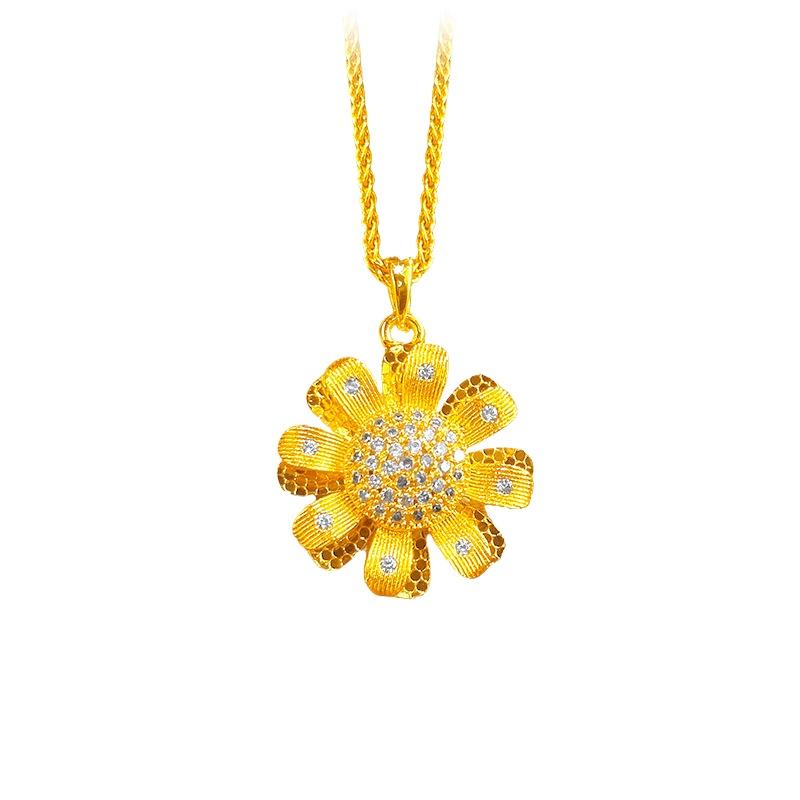 Luxury Pure Gold Real Gold Women's Ice Crushed Double Layer Sunflower Daisy Salkin Pendant Clavicle Chain