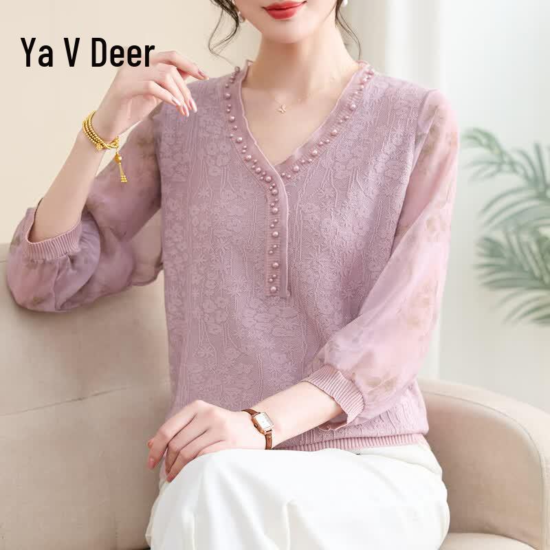 Yalu Mid-Aged Women s Thin Mesh Sleeve Knit T-Shirt 2XL