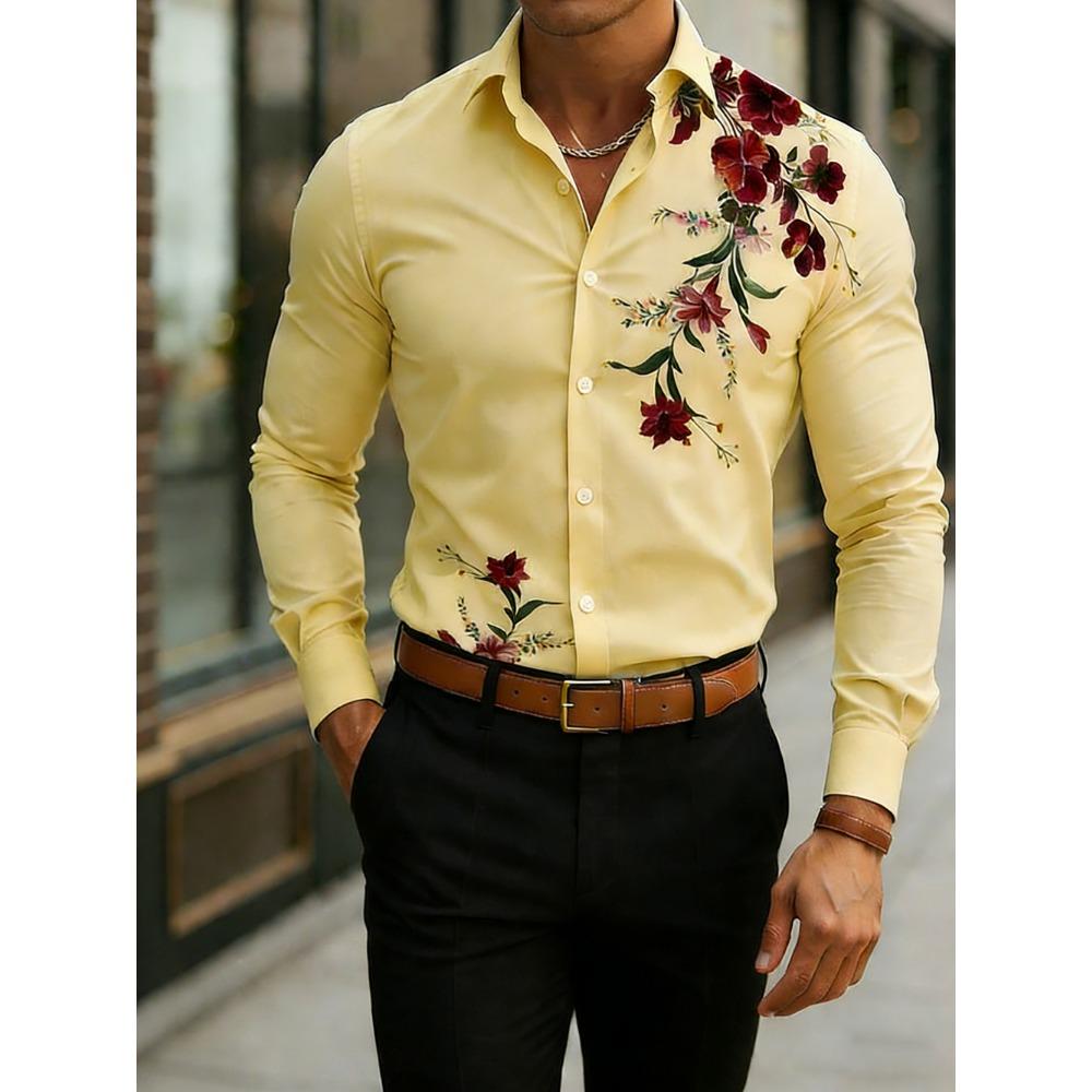 Pánská košile Business Casual s dlouhým rukávem, 3D potisk přírodních květin ve vysokém rozlišení, Havajská dovolená, Pánské oblečení pro venkovní nošení