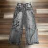 ZYLLO American Harajuku Vintage Print Jeans Y2K Women Washed Gray Straight Pants Street Gothic Loose Unisex Trousers Tide