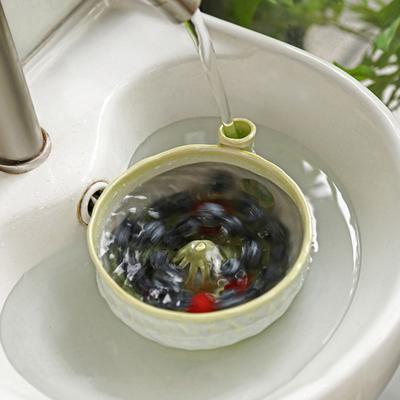 Food Safe Berry Washer Ceramic Washing Bowl, Swirl Design Fruit Rinse Colander with Handle Kitchen Sink Gadgets And Drain Holes, Cleaning Bowl