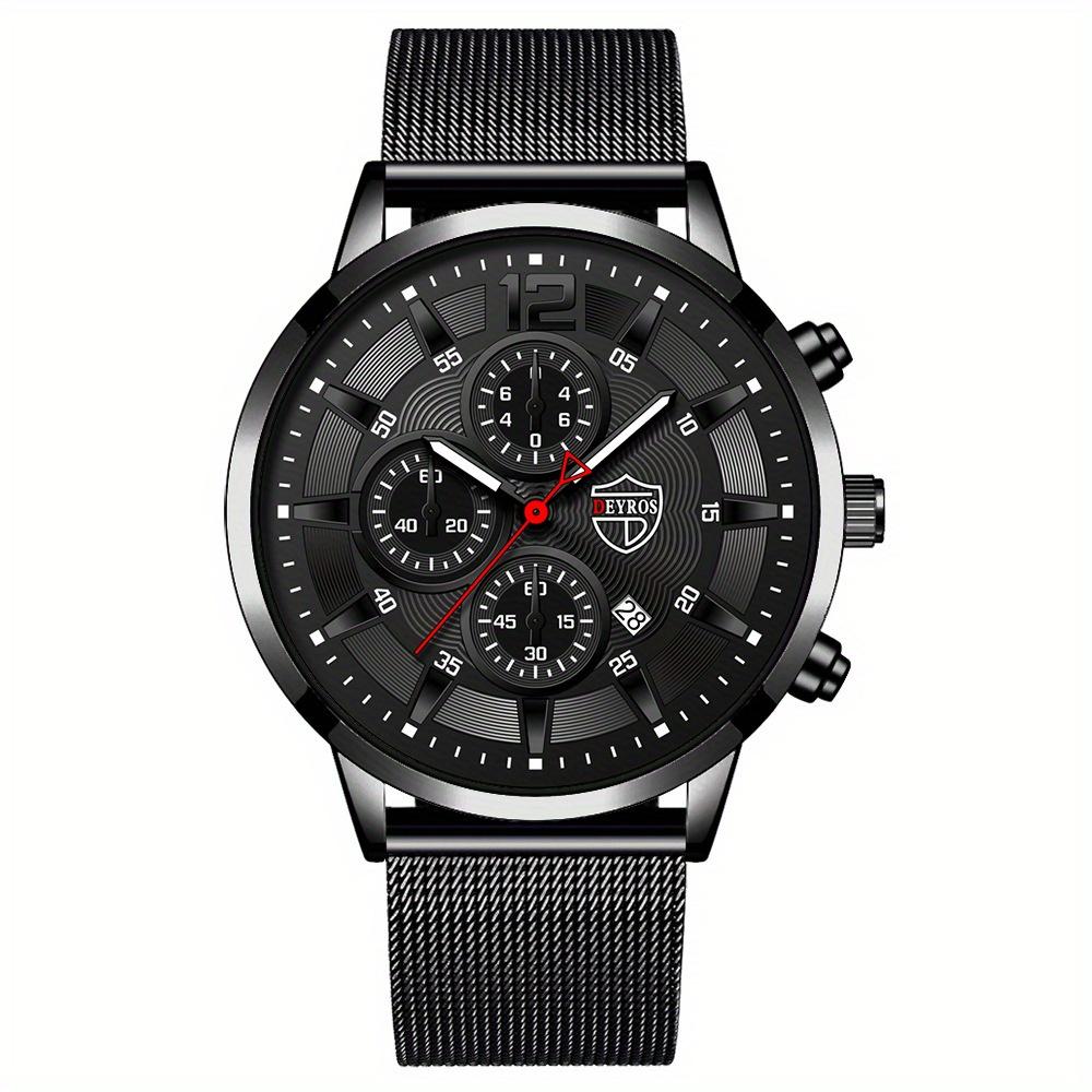 Fashion Business Men's Stainless Steel Mesh Strap Quartz Watch Fake Three Eyes With Date Watch