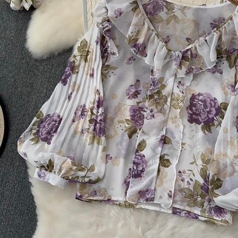 

Ранняя весна, новый топ, женские милые шифоновые рубашки с оборками и v-образным вырезом, плиссированные рукава-фонарики с принтом