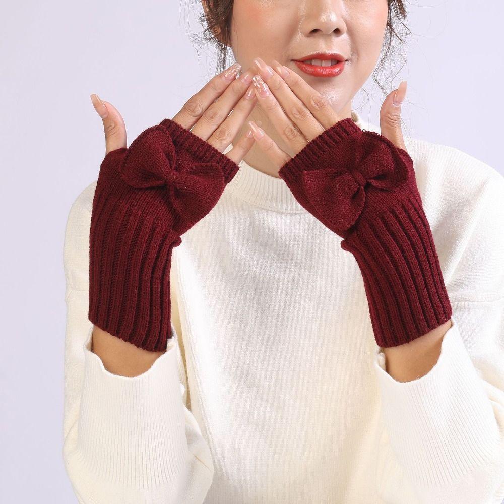 Thick Warm Bowknot Knitted Gloves Soft Half Finger Gloves Cute Arm Warmers  Women Girls