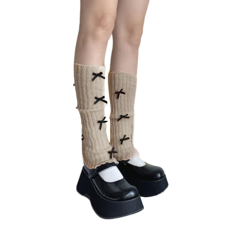 Women Girls Ribbed Knit Solid Color Leg Warmer Aesthetic Elegant Sweet Bowknot Footless Long Socks Ruffled Leg Covers